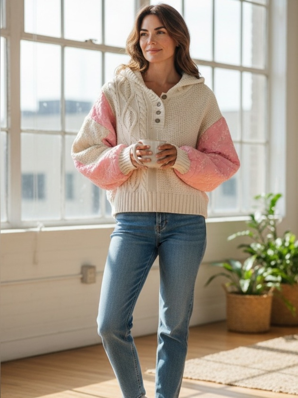 POL Cream Cable-Knit Hoodie with Pink Quilted Sleeves